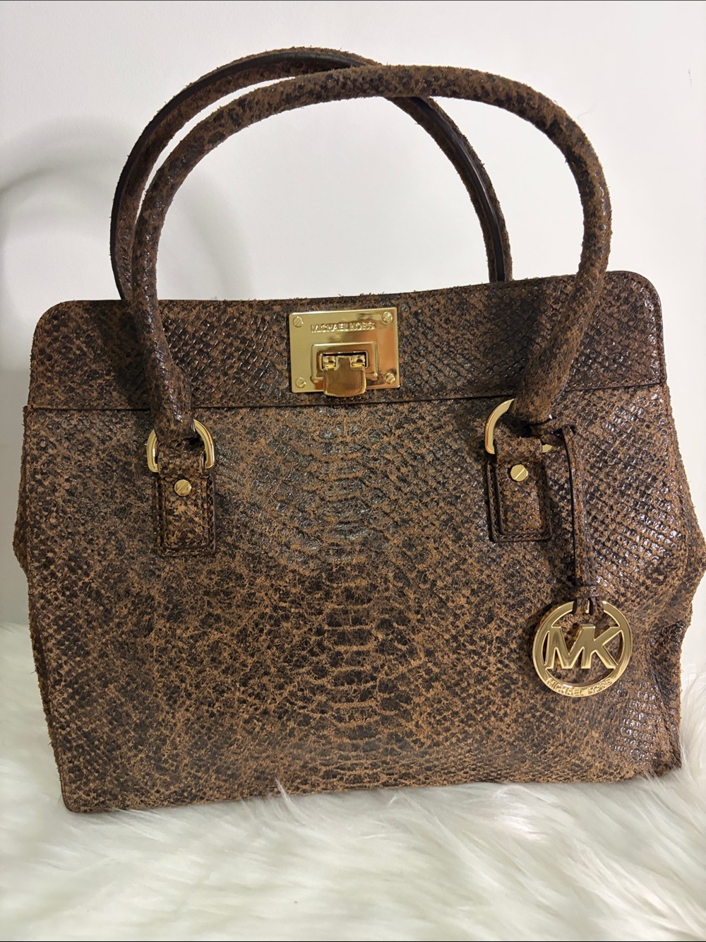 MICHAEL KORS Brown Python Embossed Leather Astrid Satchel Bag